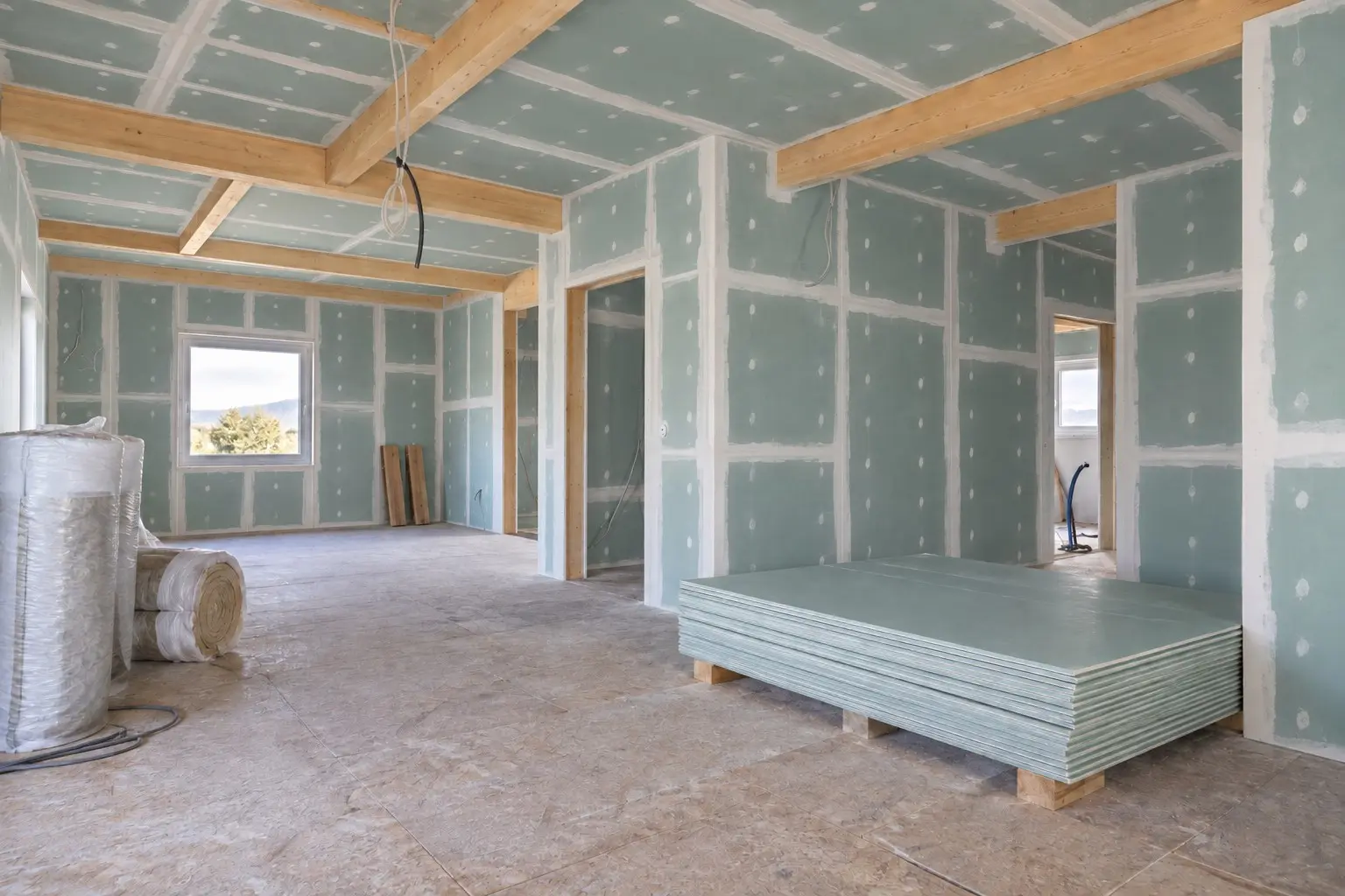 Gipskartonwände und -decken mit verspachtelten Fugen im Innenausbau