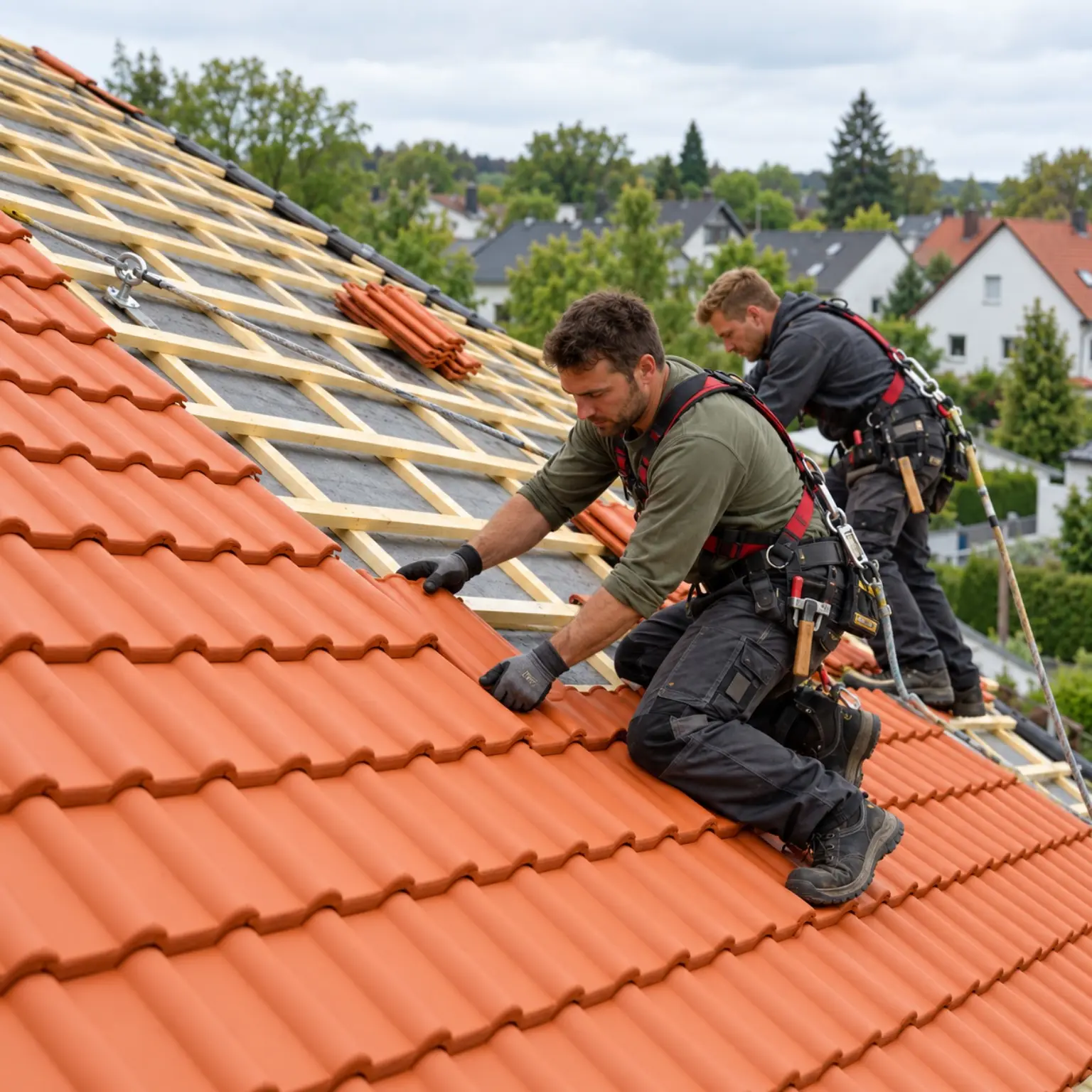 Dachdecker verlegen Dachziegel auf einem Wohnhaus