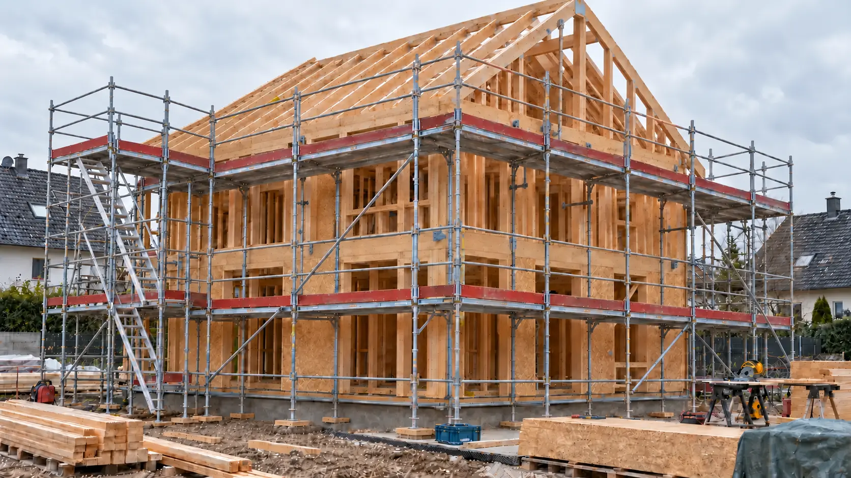 Holzrahmenhaus mit Gerüst während der Montage