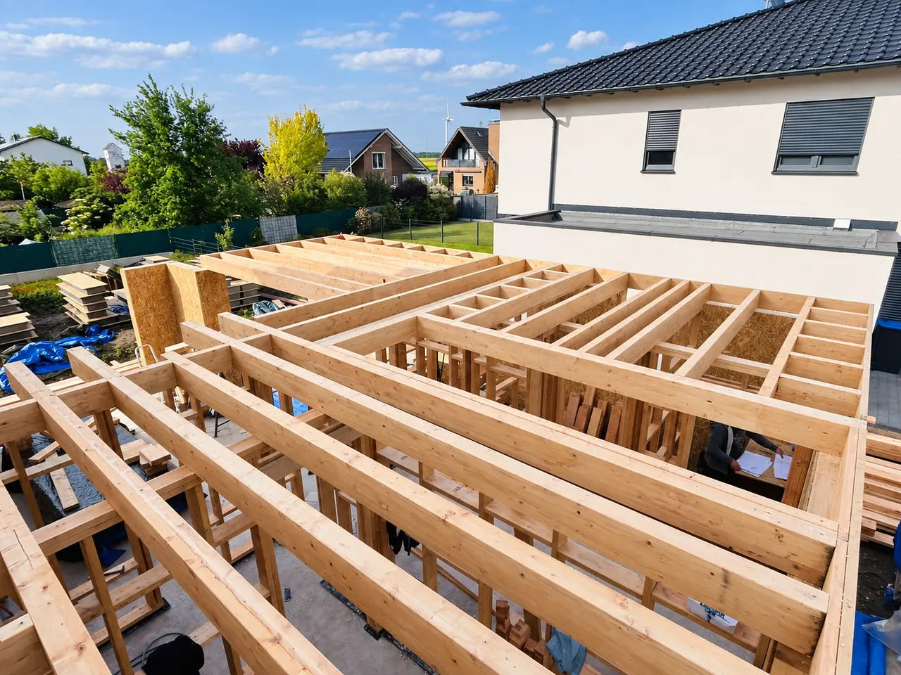 Holzrahmen und Deckenkonstruktion während der Montage